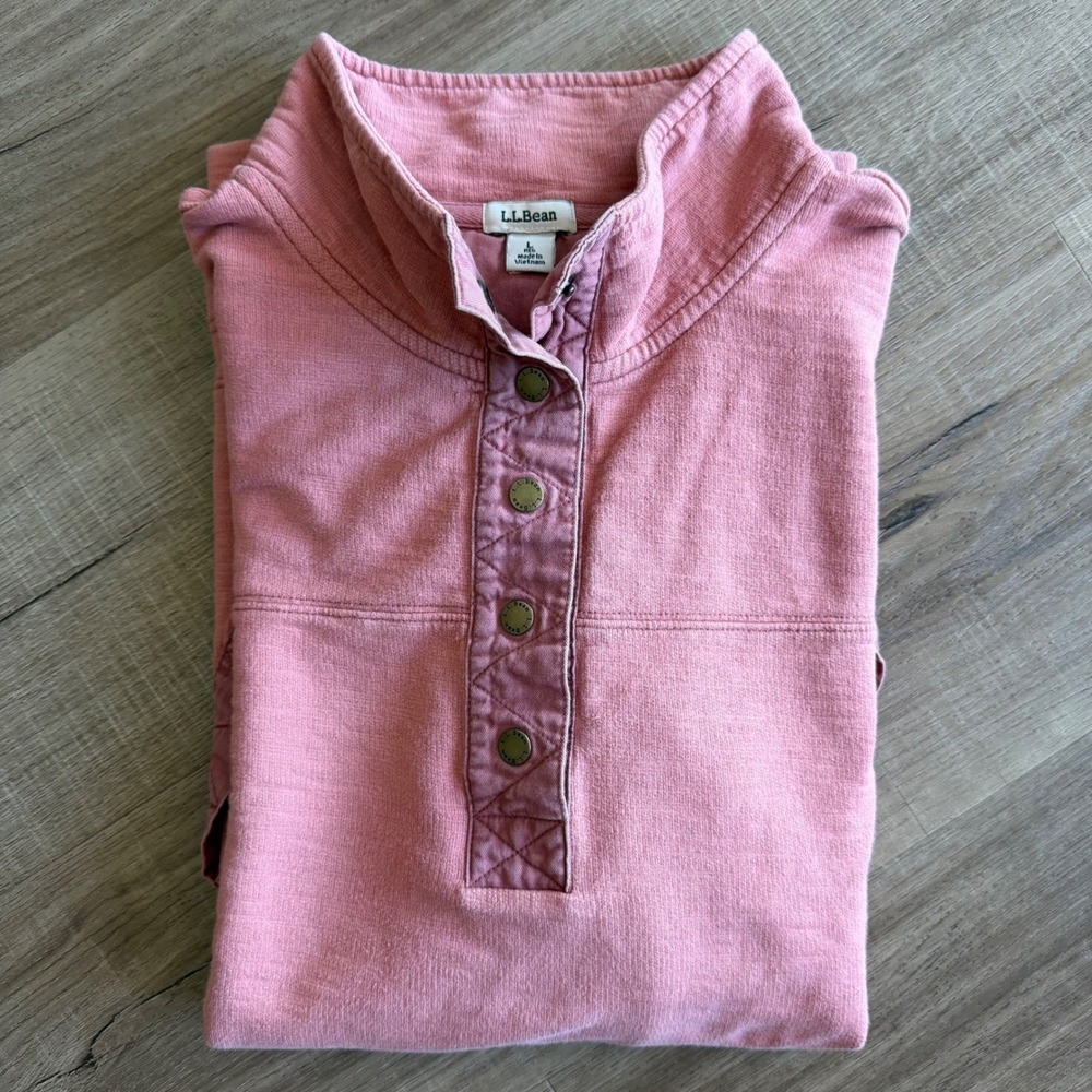 LL Bean Womens Pink Quilted Snap Neck Pullover Sweatshirt Kangaroo Pocket Large